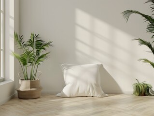 mock up of white square pillow in a room with minimalistic interior with natural materials
