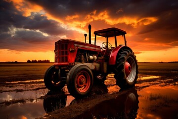 Obraz premium Agricultural Tractor field spraying sunset. Nature harvest. Generate Ai