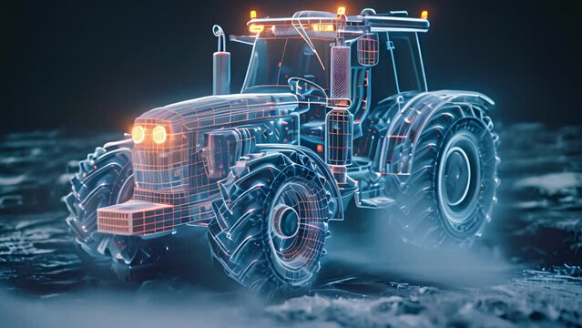 This 3D rendering of a tractor displayed on a black background.