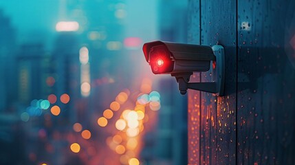 High-Tech Surveillance: Close-Up of Modern Security Camera on Urban Building Wall with Blurred Cityscape Background