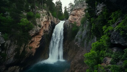 A remote waterfall cascading down a rocky gorge, surrounded by dense forest and rugged terrain. AI generated
