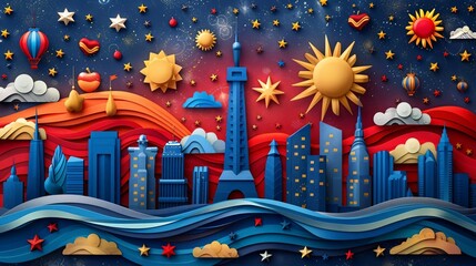 Vibrant Patriotic Symbols Top View Drawing in Flat Design - American Heritage Theme Illustration with Red, White, and Blue Colors