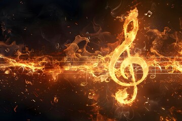 Fiery and burning sheet music with notes and treble clef on a black background.