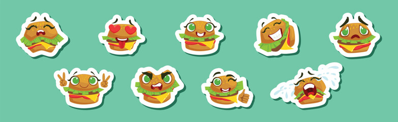 Funny Hamburger Emotion and Face Expression Sticker Vector Set