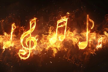 Fiery and burnig notes and treble clef on a black background.