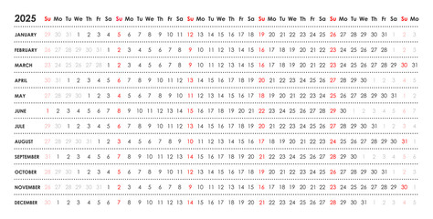 Linear calendar for 2025. Horizontal, week starts on Sunday, English, black and white.