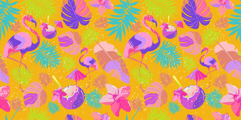 Seamless pattern with tropical elements. Summer vacation in the tropics, background. Flamingo, coconut cocktail, flowers.