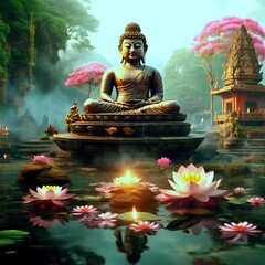 Buddhist Monk Meditation at nature, Meditation im buddhistischen Tempel