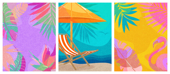 A set of posters with a summer background. Bright design, modern style for covers, leaflets, sales