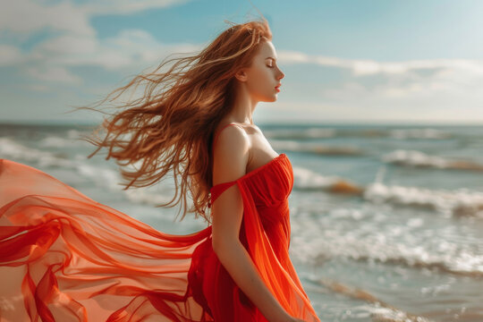 beautiful  Woman in a long red dress wals along the sea cost