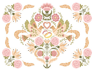 Wedding floral horizontal invitation or banner in retro folk style with animalistic symmetry composition with birds, rings and heart in muted colors. Botanical vector template for engagement card