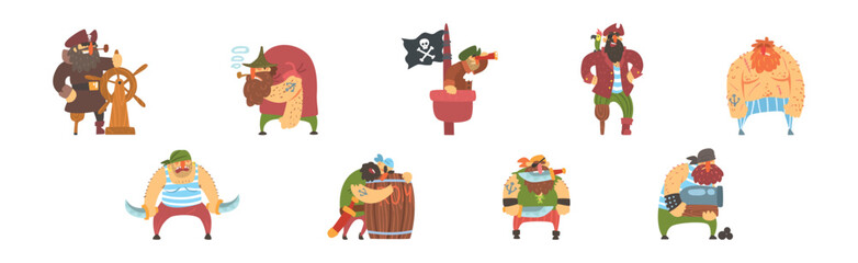 Pirate Man Character as Sea Robber Vector Set