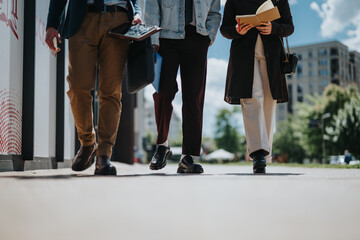 Low-angle view of three young business professionals in stylish attire walking together in a city setting. Each carries digital devices and personal items, reflecting a busy day.