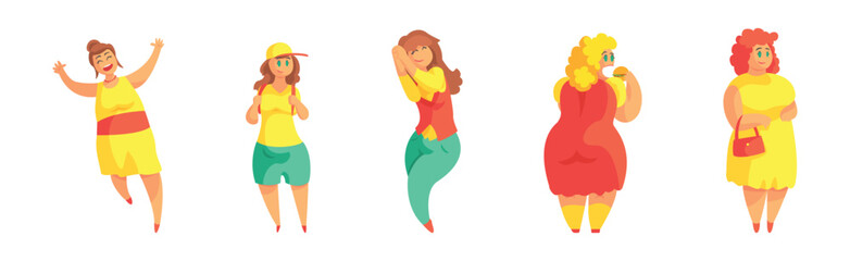 Positive Plus Size Woman Character Enjoy Life Vector Set