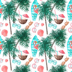 Tropical vacation watercolor seamless pattern. South, sea. Palm trees, coconut, cocktail, sunglasses, shells, surfboard. Bright colors. White background. For printing on fabric, textiles, paper, cards