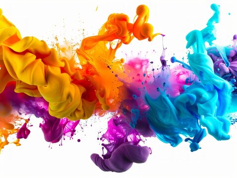 Colorful and vibrant paint mixing together in the air with white background