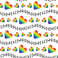 Seamless pattern with lgbtq community symbols and curved text Love, pride, peace. Vector hearts in rainbow colors isolated on white background. Peaceful and equality concept for Pride month