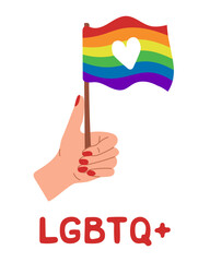 Pride month poster with hand and LGBTQ rainbow flag. Vector flat hand drawn elements isolated on white background. Peaceful and equality concept