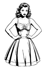 Fototapeta premium Black and white illustration. Fictional female character in the Pin Up style. Generated by Ai