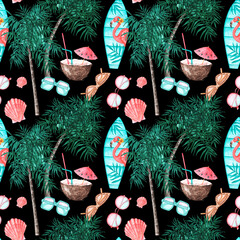 Southern vacation watercolor seamless pattern. Tropics, sea. Palm trees, coconut, cocktail, sunglasses, shells, surfboard. Bright colors. Black background. For printing on fabric, textiles, paper