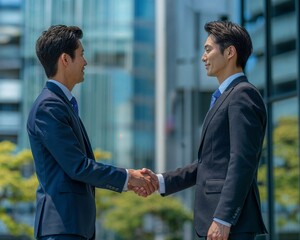 Two Japanese businessmen in business suits shaking hands after successfully sealing a contract deal, with a high-tech building in the background