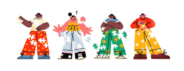 Cartoon characters solving a puzzle, vector mascots with puzzles. People find creative solutions to situations and solve problems. Vector hand drawn doodle groove retro illustration
