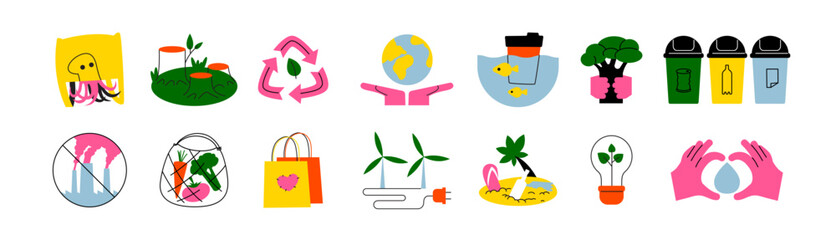 Cartoon eco recycle stickers in retro groovy style. Ecology, organic products, natural product, vegan, bio, environmental protection. Vector set elements.