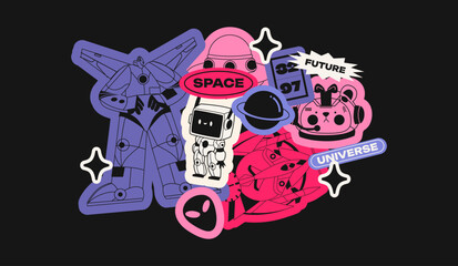 Retro stickers space and galaxy. Cartoon robots, flying saucers, spaceships, planets. Trendy rector patches, badges, labels, stickers, logos in retro 90s doodle style © Limpreom
