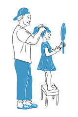 Doodle drawing of father combing hair of his daughter. Vector health care and growing up concept for logo. Contour flat sketchy illustration in blue and black colors isolated on white background.
