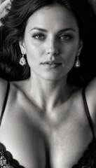 Naklejka premium top view of woman with deep cleavage and heavy breast black and white 