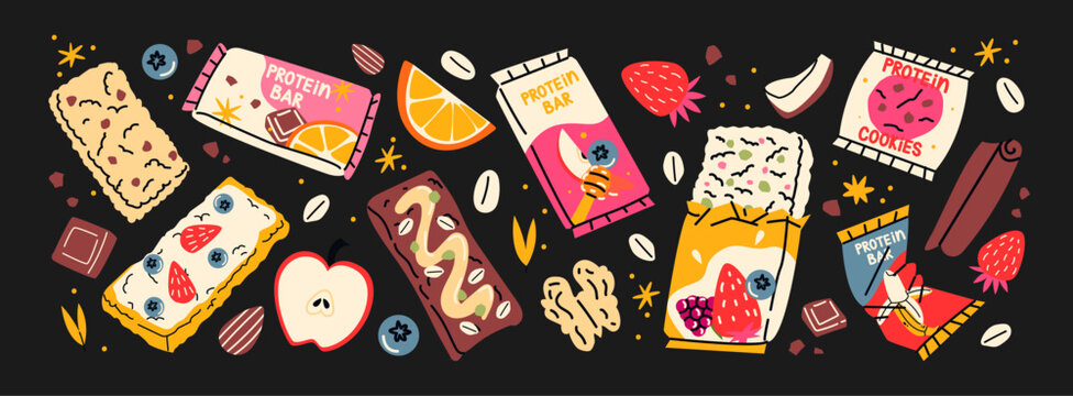 Set of muesli bars, healthy fitness snacks. Granola with dried fruits, nuts, candied fruits, coconut. Energy muesli snack stickers