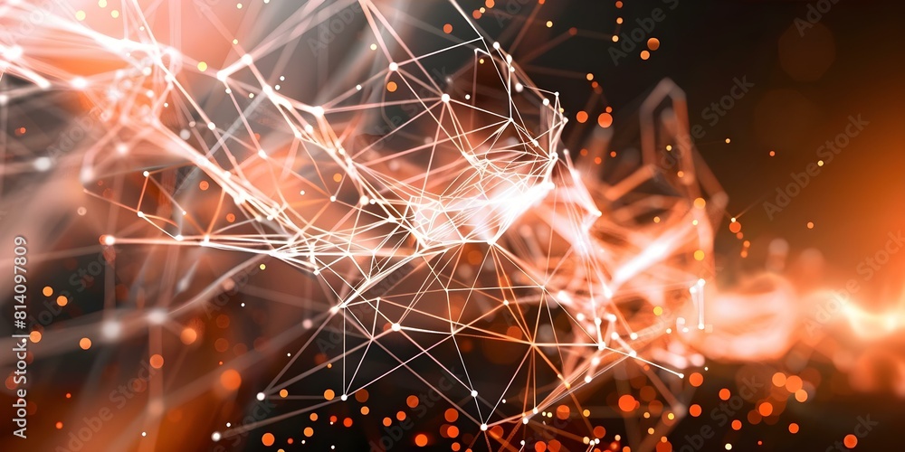 Poster evolution of communication: futuristic design with polygonal shapes and particle grid technology. co