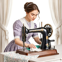 Watercolor drawing of a beautiful girl seamstress in an ancient dress sews on a sewing machine. Illustration for a sewing studio in the style of the nineteenth century.