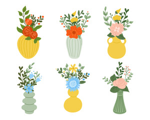 Set of flat hand drawn vases with abstract floral bouquets. Vector colored illustration isolated on white background. Unique print design for printout, poster, interior.