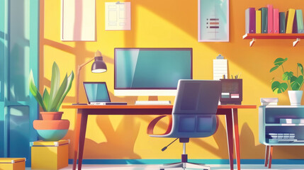 A bright yellow room with a desk and chair, a computer monitor, and a laptop