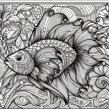 Fish. Antistress coloring. Modrn style. Vitrage.