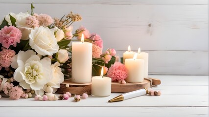 Lovely table arrangement with candles and flowers on a white hardwood background with writing space