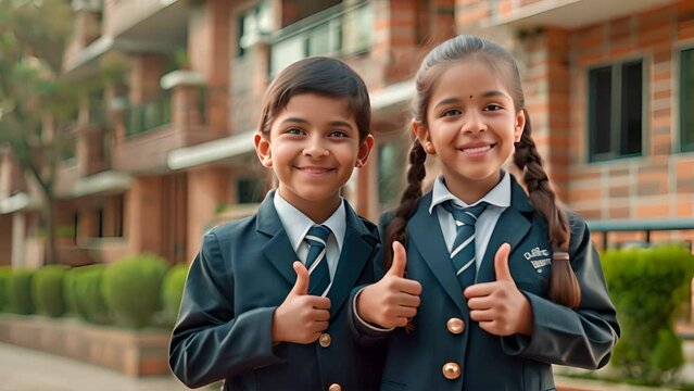 Indian school backdrop with enthusiastic kids in uniform giving thumbs up.generative ai