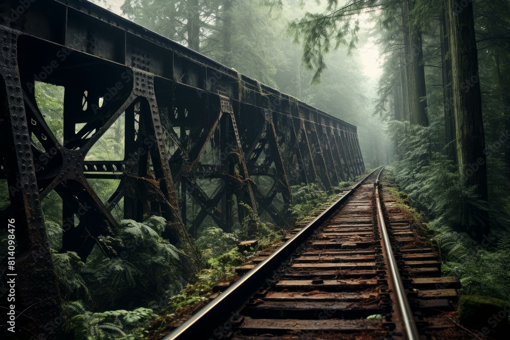 Poster tranquil and mysterious misty forest railroad bridge surrounded by dense greenery and shrouded in fo