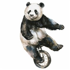 A whimsical watercolor painting of a panda bear riding a unicycle