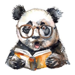 Obraz premium Adorable panda with glasses reading a book, expressing surprise and delight