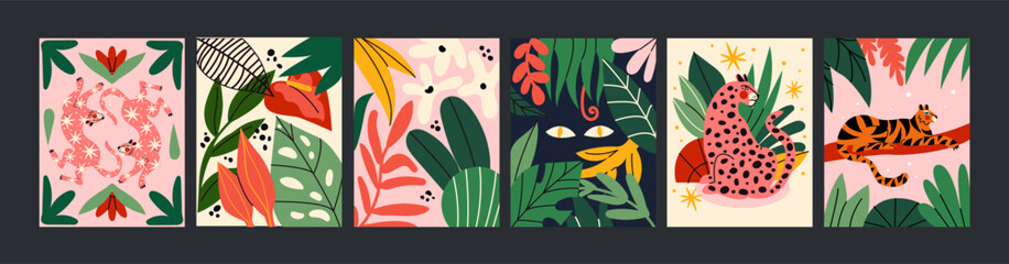 Abstract tropical posters with tigers and leaves in a 90s retro cartoon style. Asian and Chinese motifs, floral pattern with tigers and leorards. © Limpreom