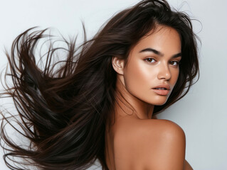 A woman with long hair blowing in the wind.