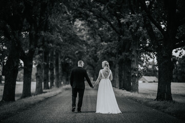 Valmiera, Latvia - August 25, 2023 - A bride and groom walk hand in hand down a tree-lined path,...