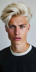 A young man with blonde hair and blue eyes.