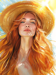 portrait of a red-haired woman in a straw hat in sunny weather