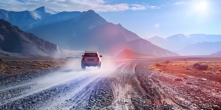 Navigating a Rough Road: A car's journey on uneven terrain. Concept Off-Roading, Rough Terrains, Vehicle Challenges, Adventure Driving, Bumpy Roads