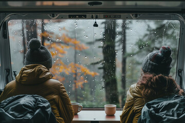Backview of couple sitting in camper van on a cold fall day drinking coffee and watching the rain in a forest, Van life concept, Generative AI