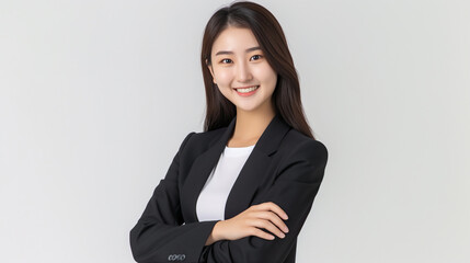 A very pretty 25-year-old Taiwanese girl with a smile on her face, wearing a white plain T-shirt and a dark suit jacket, arms crossed and still clasped in front of her chest
