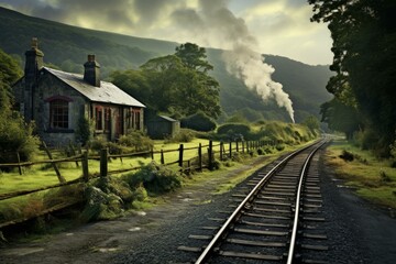 Fototapeta premium Scenic old train station by the tracks in the countryside with a steam train in the distance